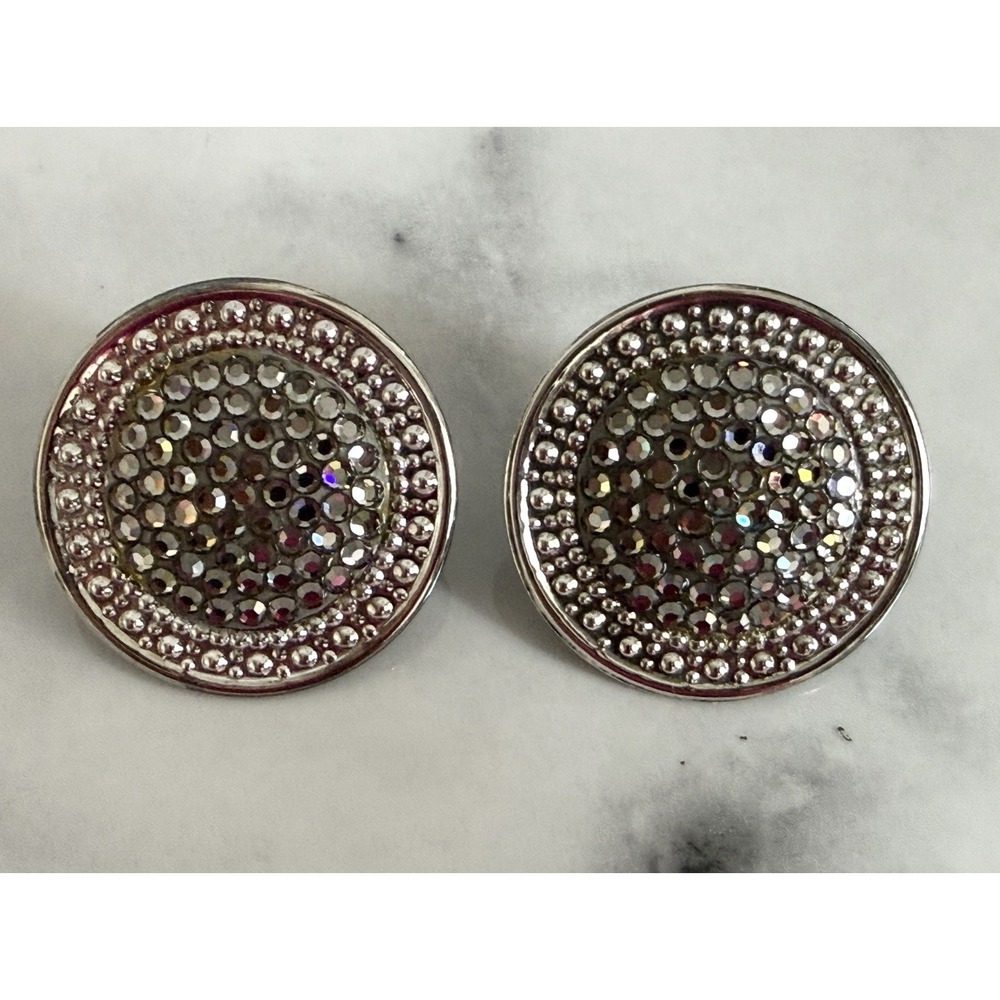 Vintage Richard Kerr Large Clip On Smoke Pave Rhinestone Earrings Silver Tone